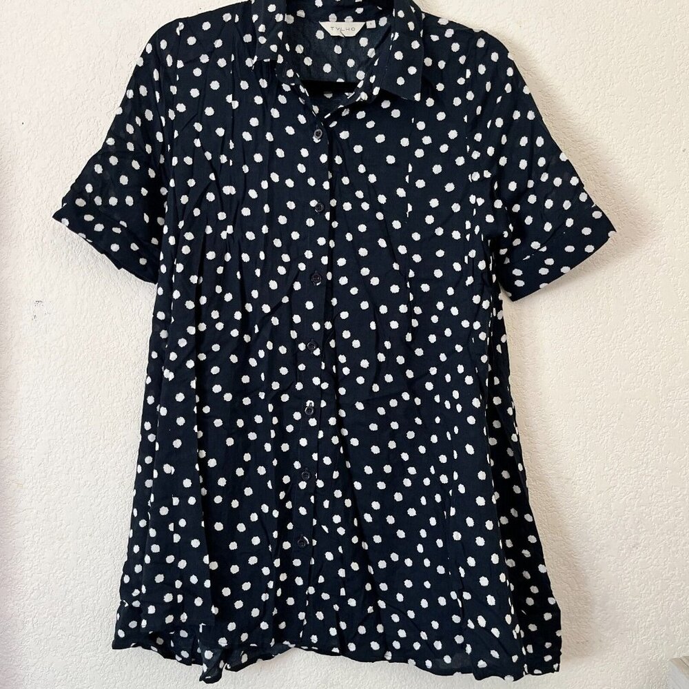 11:1 Tylho Anthropologie Black with White Polka Dot Button Up Tunic/Dress Small